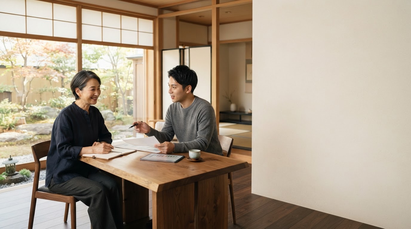 財熟舎のAI資産分析サービスのイメージ、落ち着いた環境で資産について検討する様子